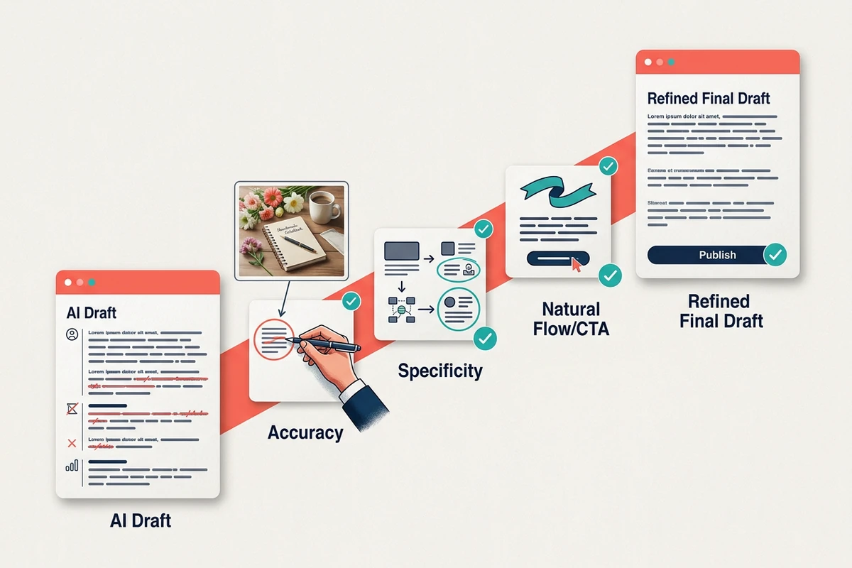 A draft moves through accuracy, specificity, and natural call-to-action checks toward a refined final caption.