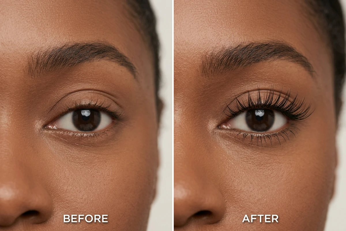 Macro before and after close-up of one eye, showing short sparse natural lashes before and a wispy fanned spiked lash mapping after.