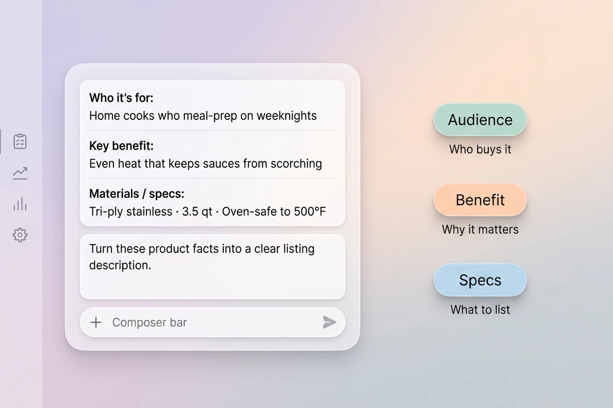 Asymmetric soft composer with product facts and Audience, Benefit, and Specs chips.