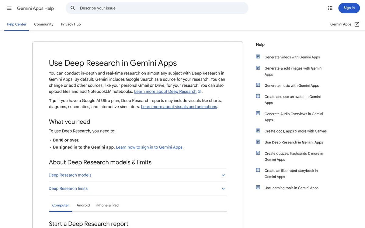 Google Gemini Deep Research help page showing source selection and report workflow instructions