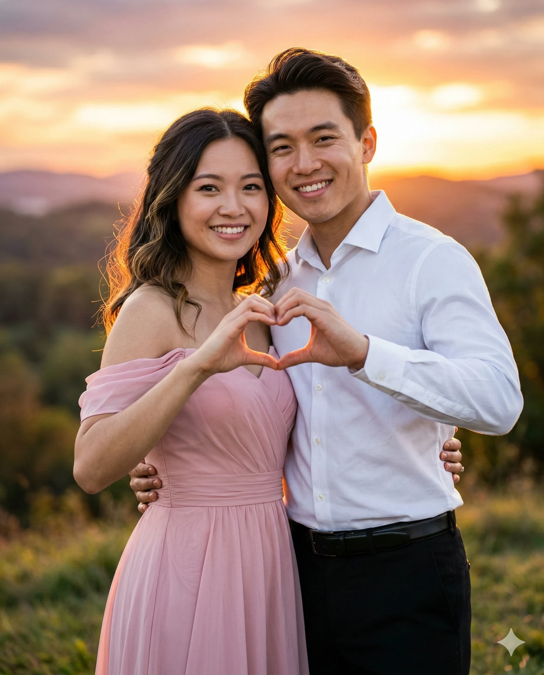 석양에 손으로 하트를 만드는 커플