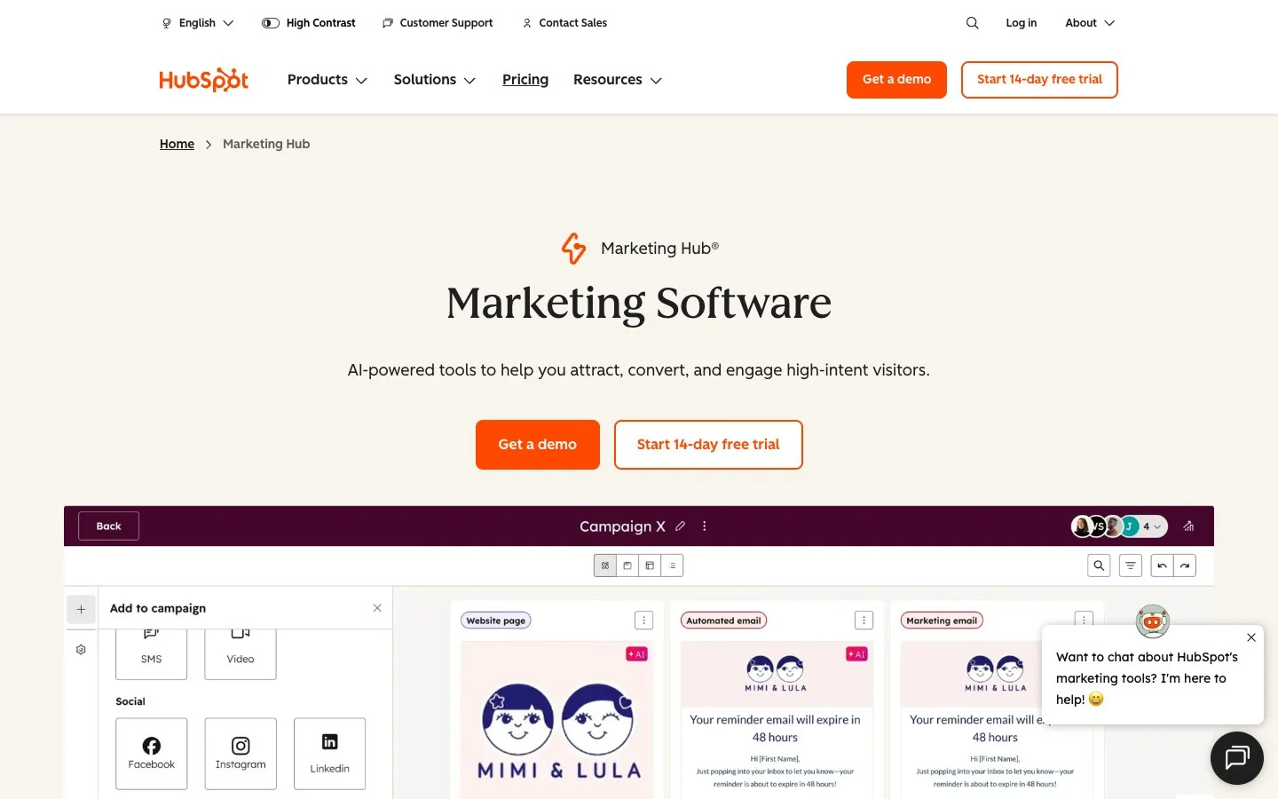 HubSpot Marketing Hub homepage showing AI-powered marketing software