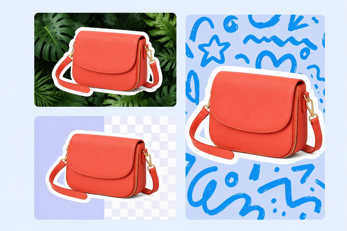 One coral crossbody bag staying visually distinct across leafy, checkerboard, and doodle-filled layouts