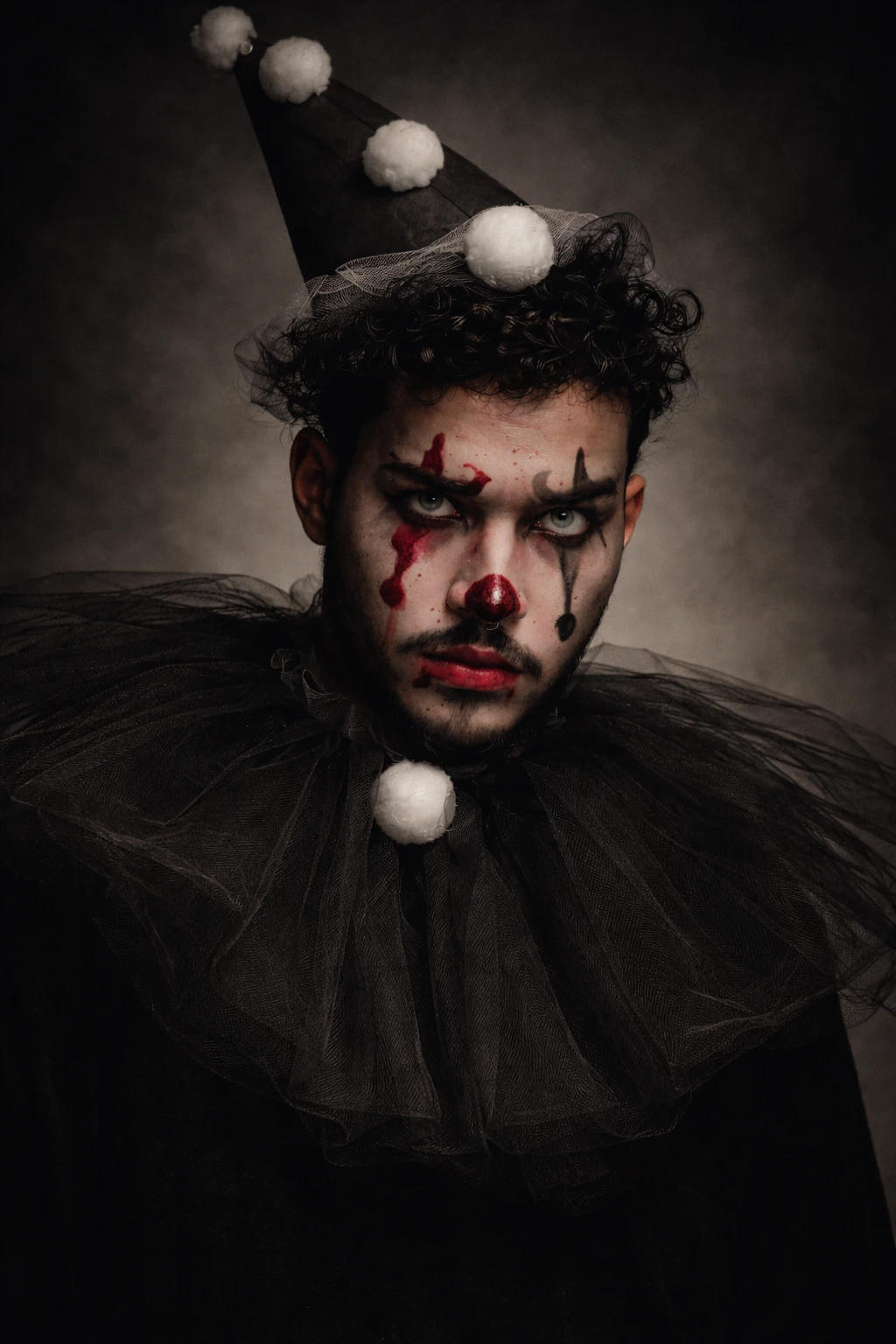 Sad clown with ruffled collar