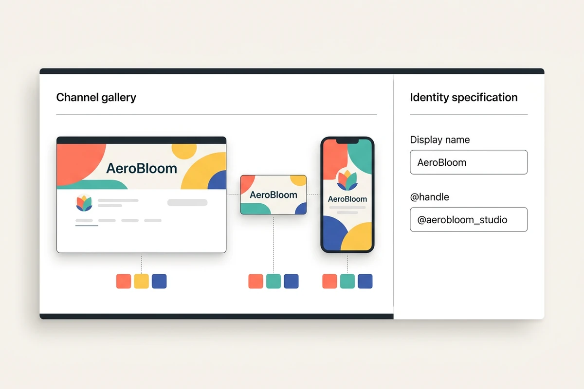 Fictional channel identity previewed across a banner, thumbnail, and phone profile with separate display name and handle fields.