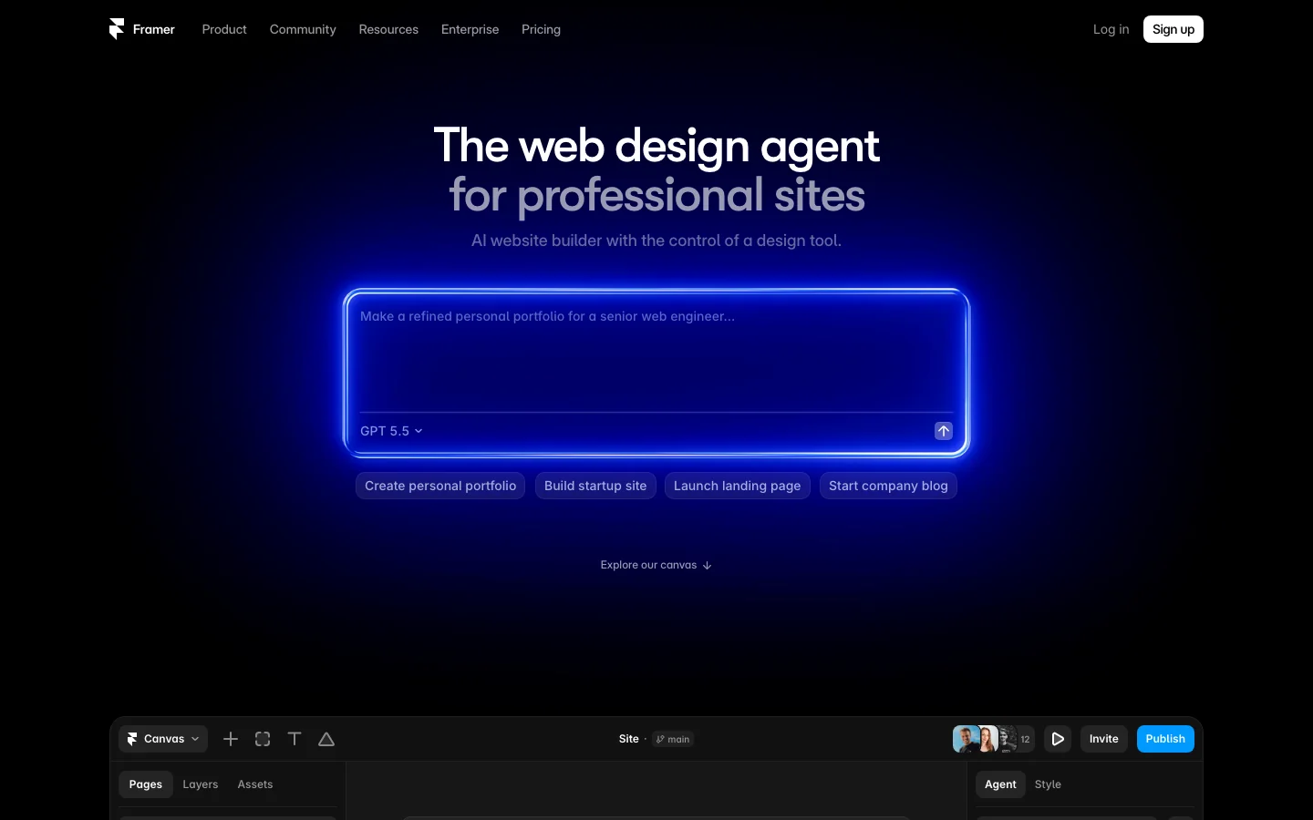 Framer homepage showing AI website generation for professional sites