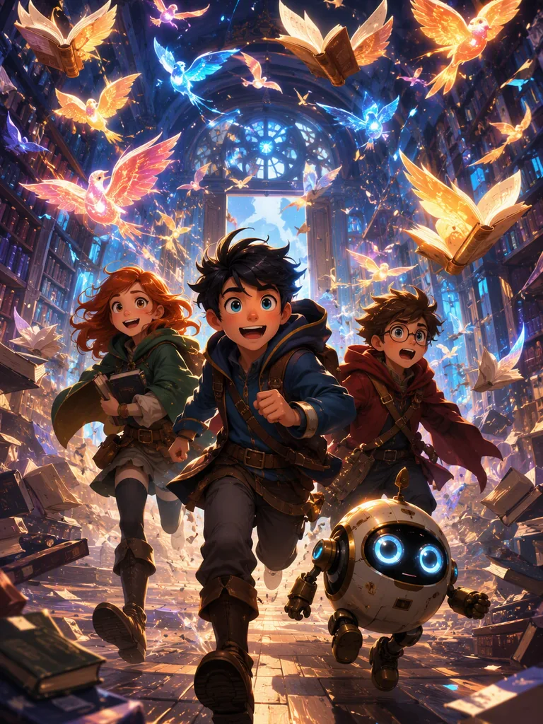 Three young adventurers and a round robot fleeing a library as books turn into glowing birds.