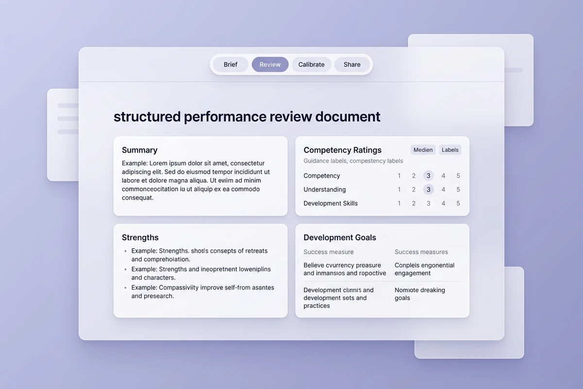 Brief–Review–Calibrate–Share şeridi ve yetkinlik puanları ile gelişim hedefleri gösteren yapılandırılmış değerlendirmenin yumuşak çalışma alanı.