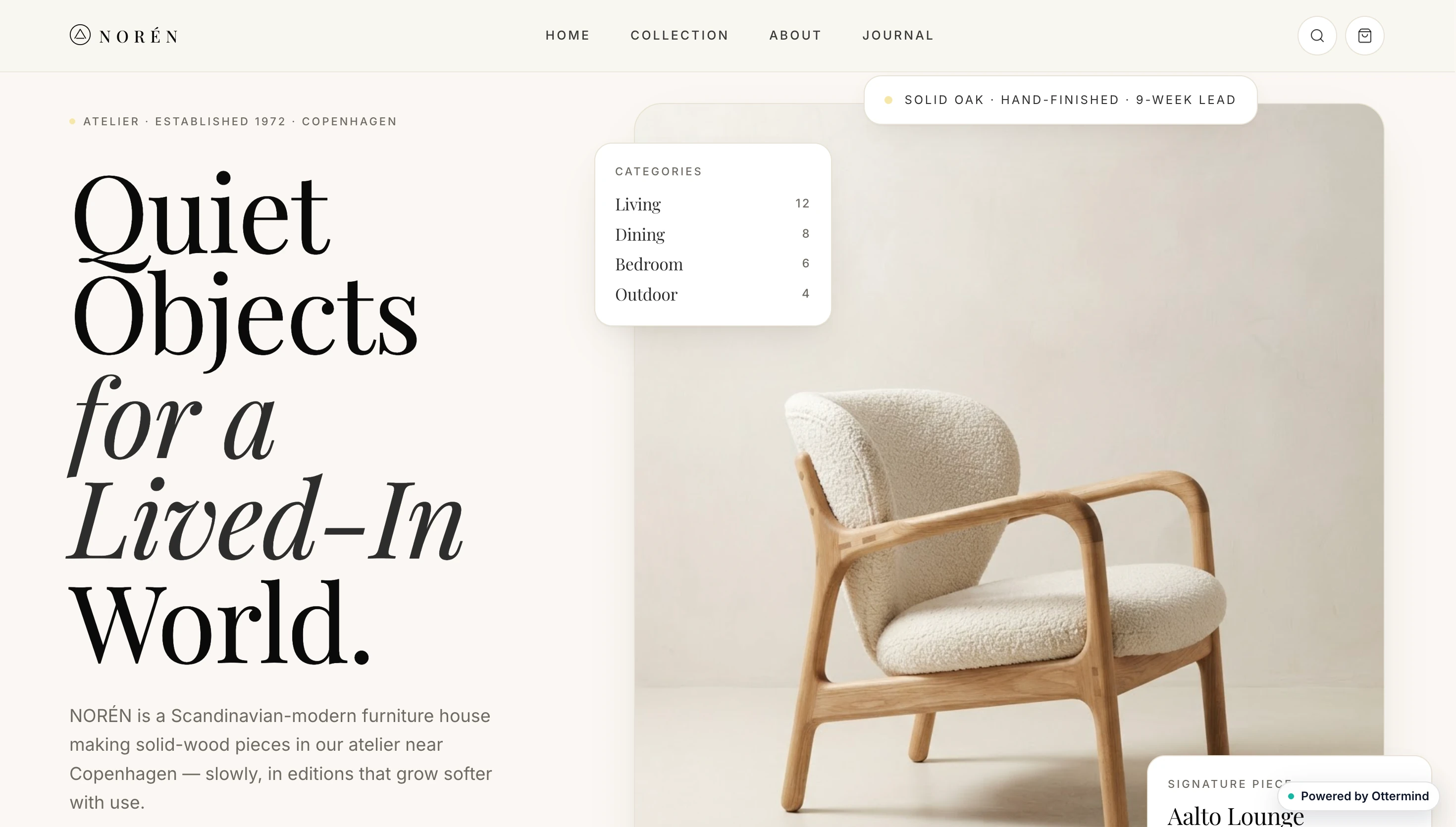 Noren furniture website with a sculptural lounge chair and minimalist editorial typography