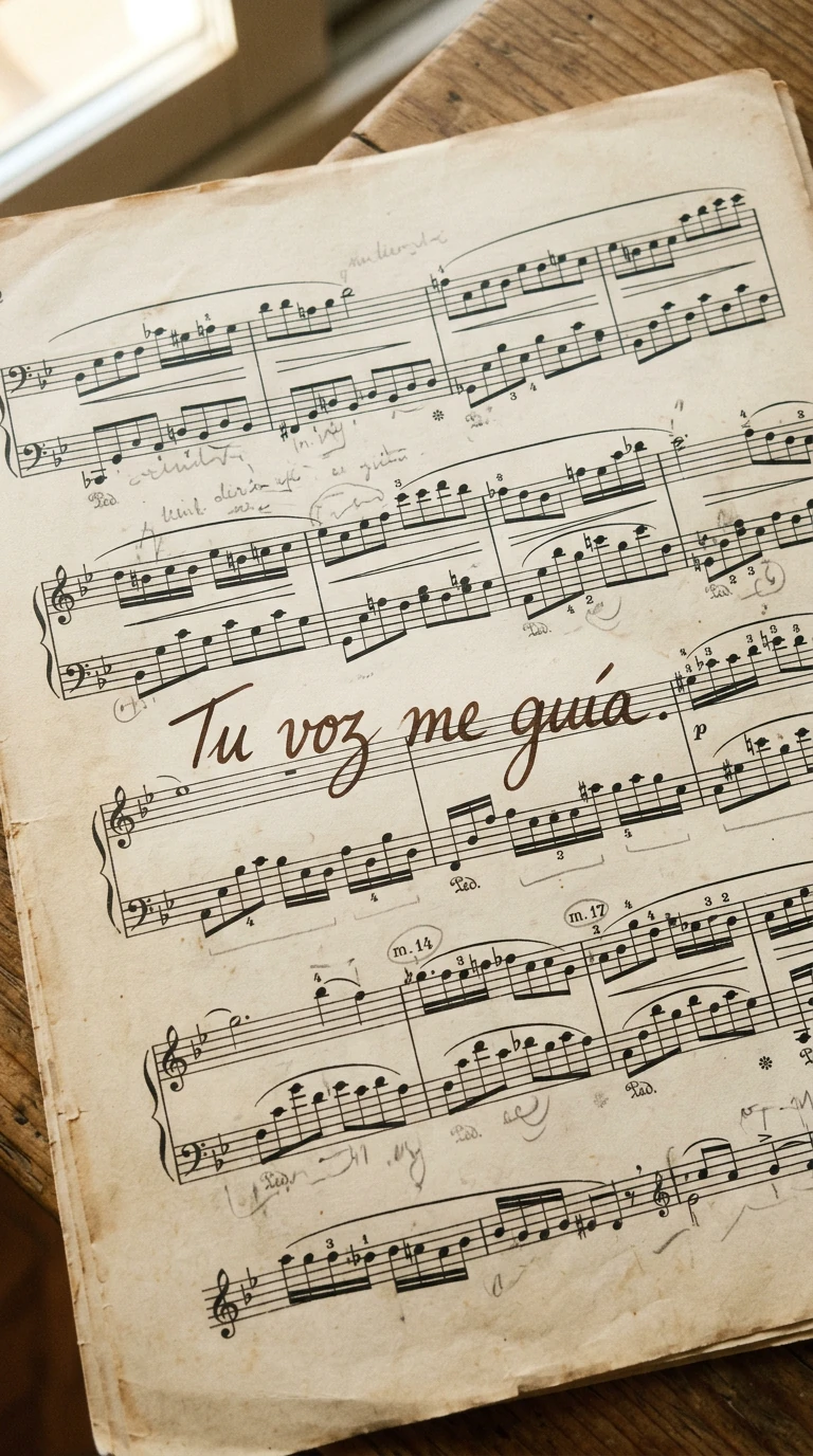 Frase Tu voz me guía escrita a mano sobre una partitura antigua con anotaciones
