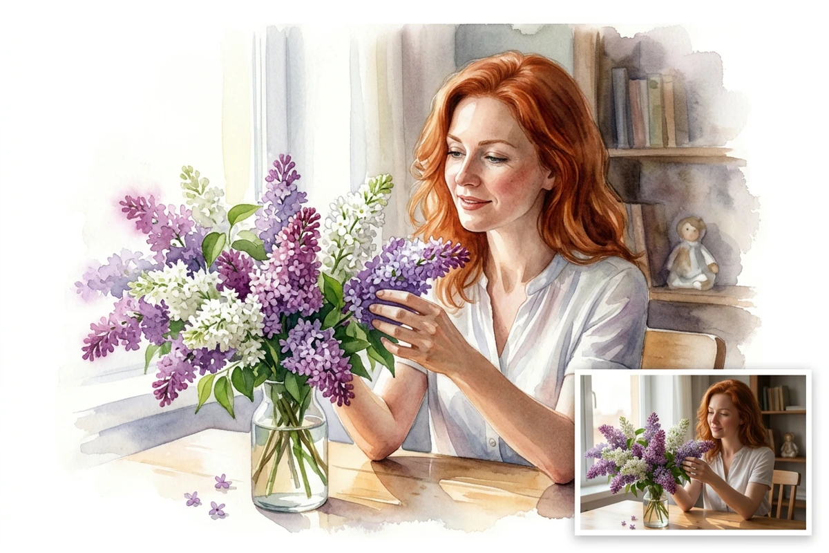 Watercolor painting of a red-haired woman arranging lilacs at a sunlit table, with the matching original photo inset.