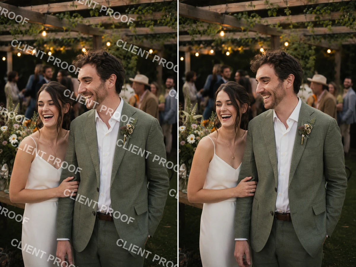 Before-and-after outdoor wedding portrait with repeated CLIENT PROOF watermarks removed.