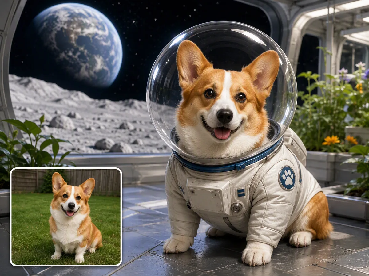 Before-and-after portrait of a red-and-white corgi as an astronaut in a lunar greenhouse, with the ordinary lawn photo inset.