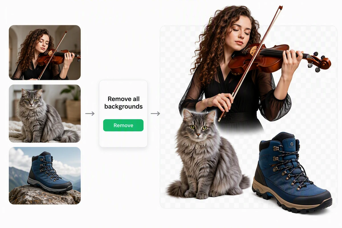 Clean cutouts of a violinist, gray cat, and hiking boot