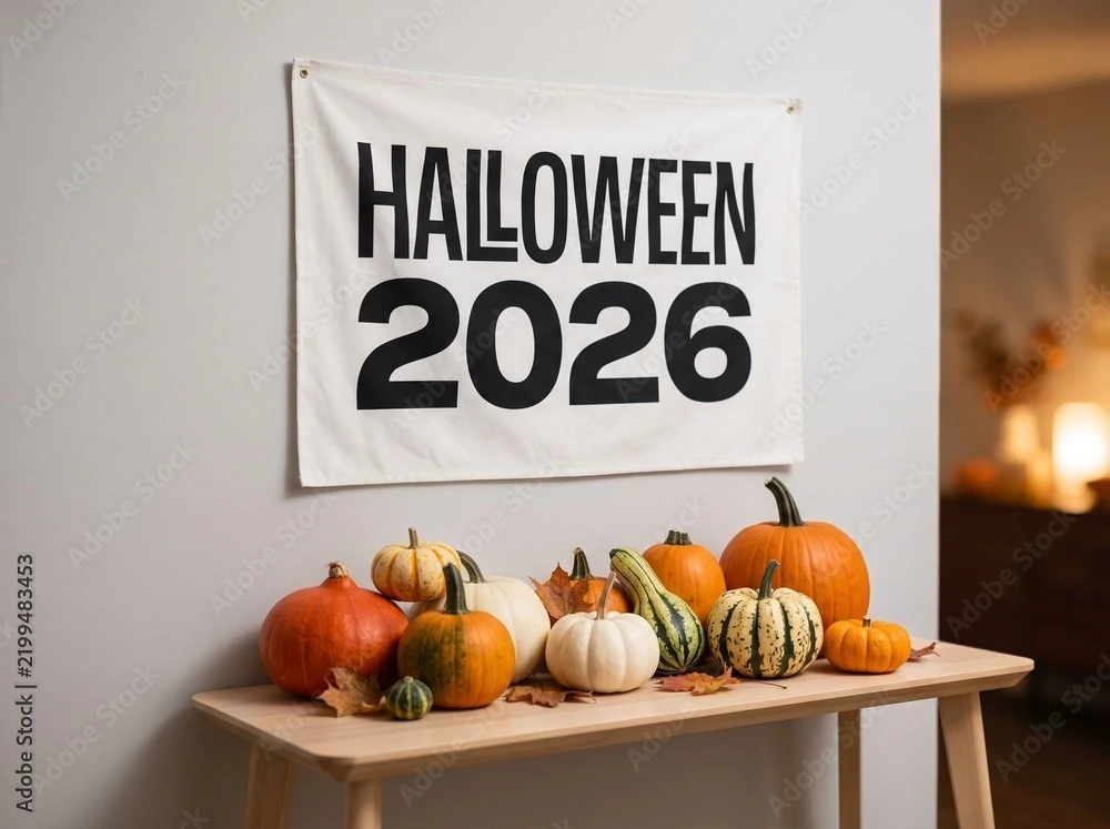 Black Banner Over Table of Pumpkins