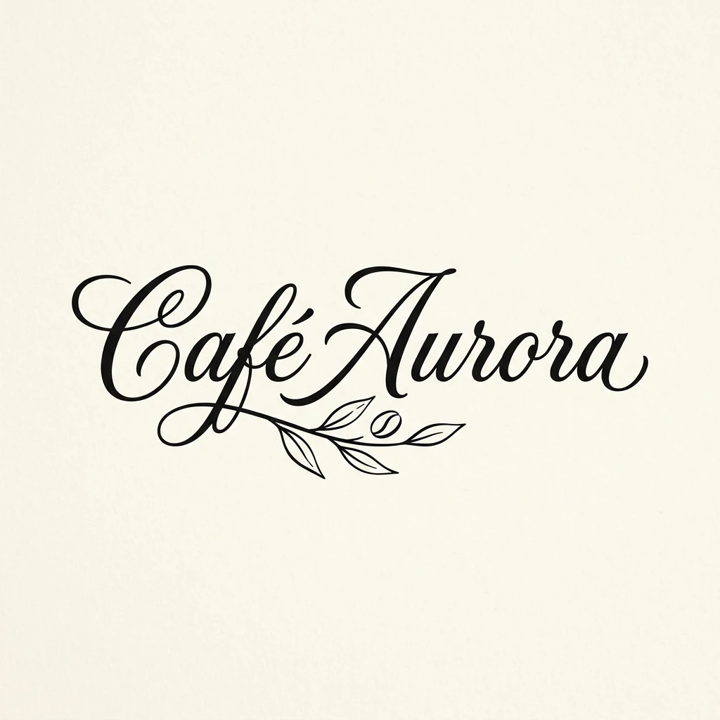 Logo Café Aurora em lettering cursivo preto com ramo e grão de café