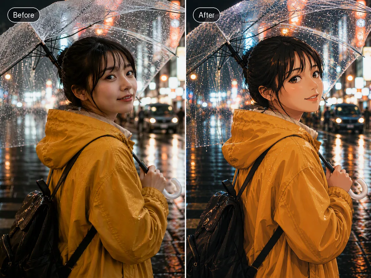 Before-and-after of a woman with an umbrella on a rainy neon street, with aligned photo and anime compositions.