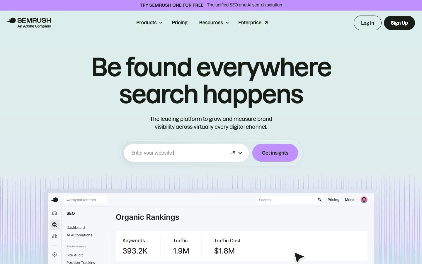 Semrush homepage showing SEO and brand visibility tools
