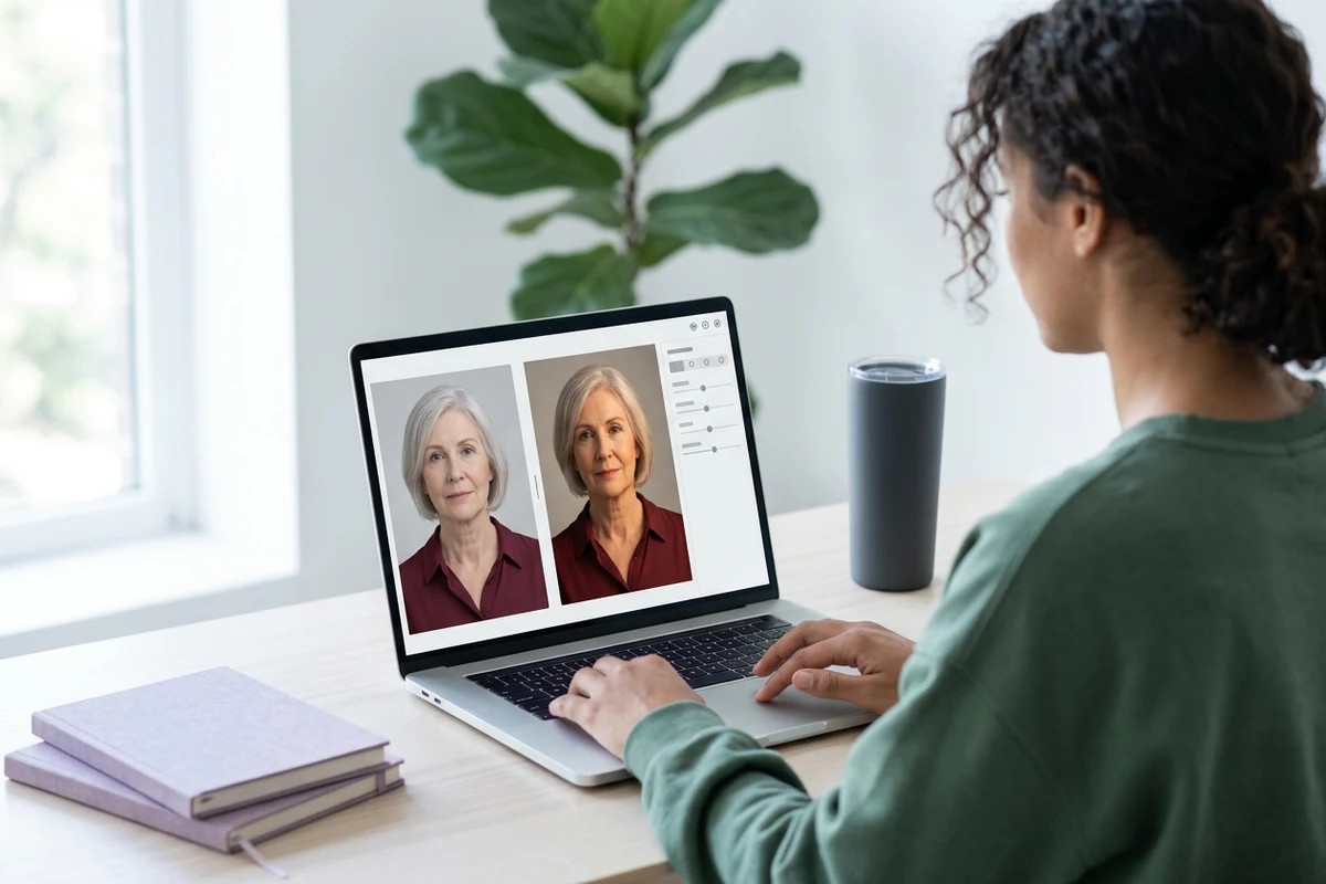 A woman at a laptop viewing two differently lit portraits in a fictional, unbranded photo-editing interface.