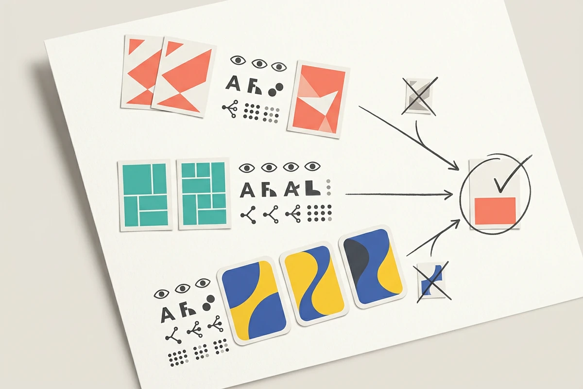 Text-free decision desk comparing three geometric naming paths with icon scores and converging on one circled final card.
