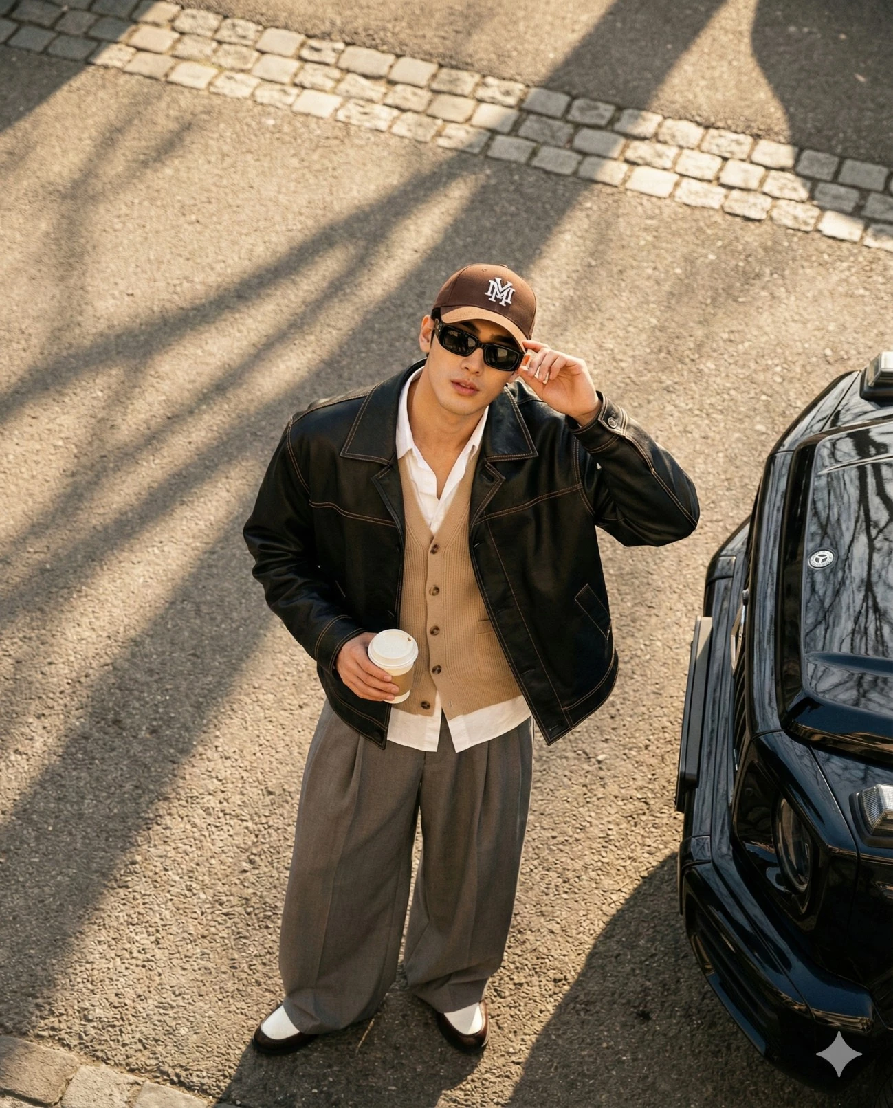 무늬 진 햇빛 아래 위에서 본 남성