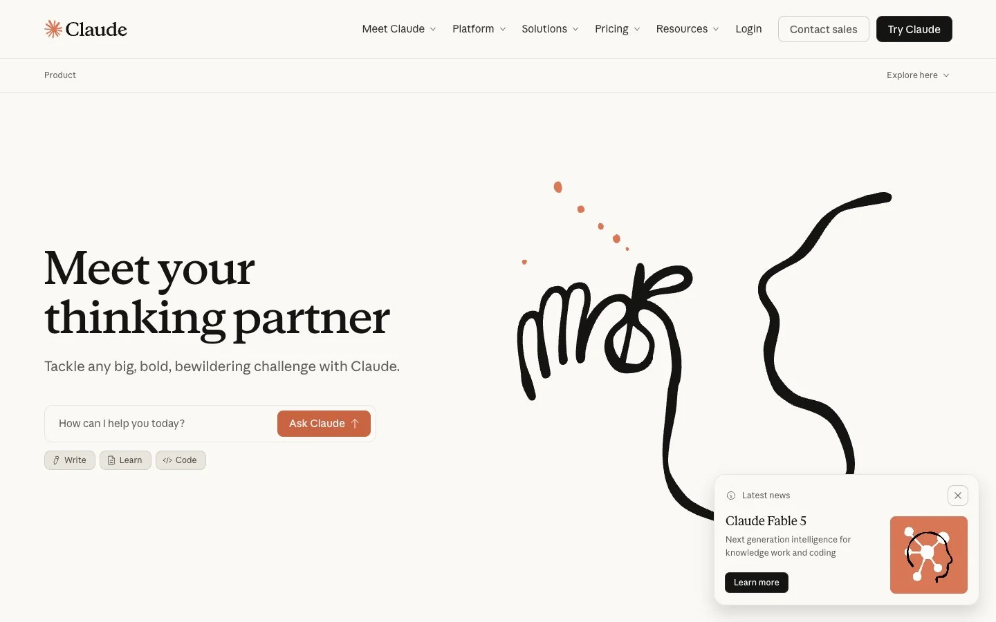 Claude homepage showing AI assistance for problem solving and writing