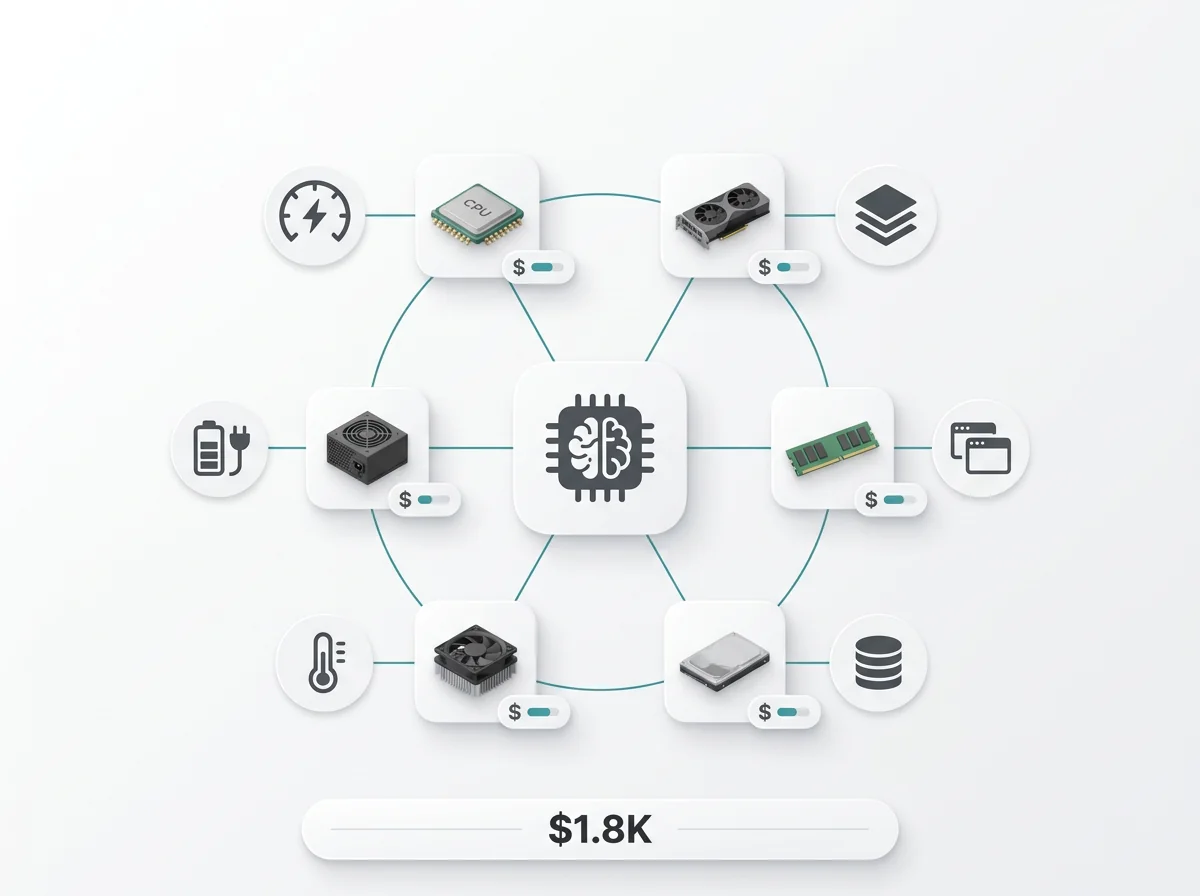 AI PC builder connecting component choices to performance, power, cooling, storage, and budget tradeoffs