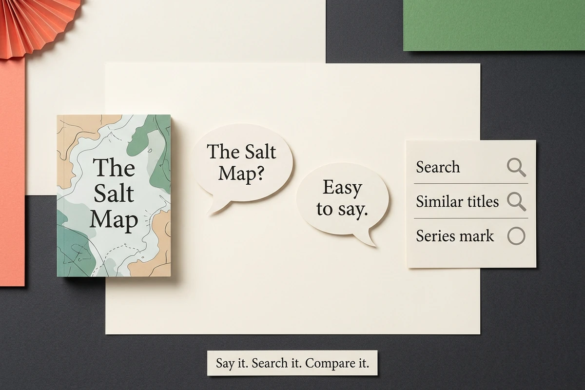 A fictional title is tested on a small cover, spoken aloud, and checked for search results, similar titles, and series use.