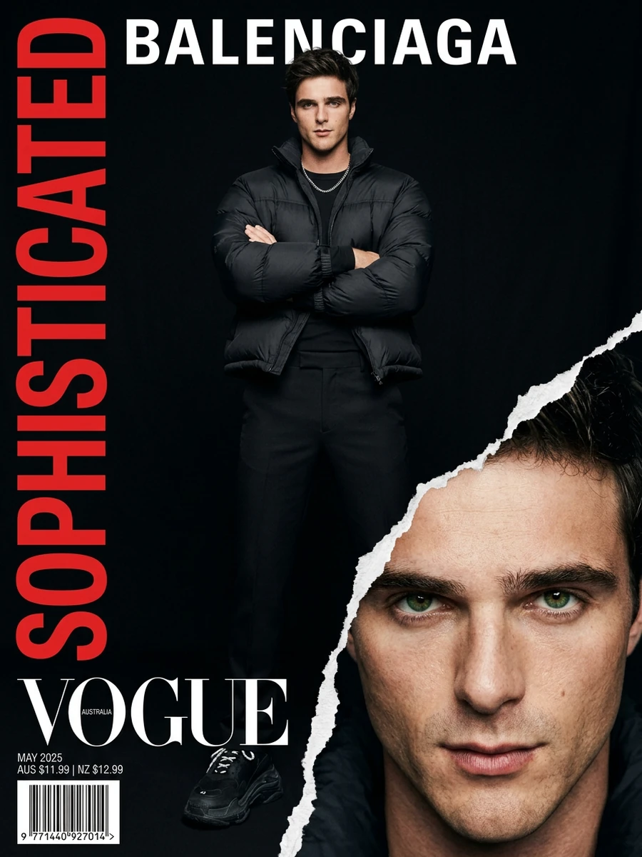 Black-and-red menswear cover with full-body and close-up portraits divided by torn paper
