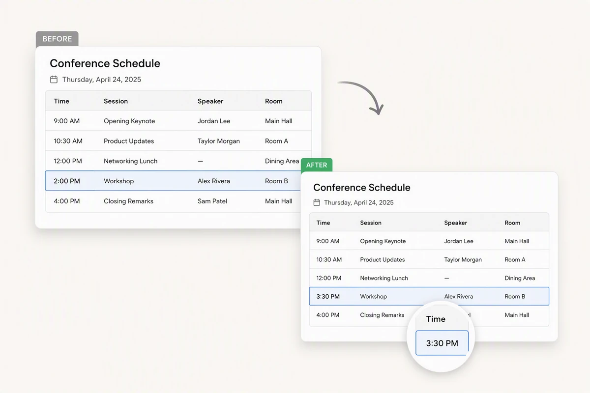 Overlapping conference schedules showing a Workshop time changed from 2:00 PM to 3:30 PM.