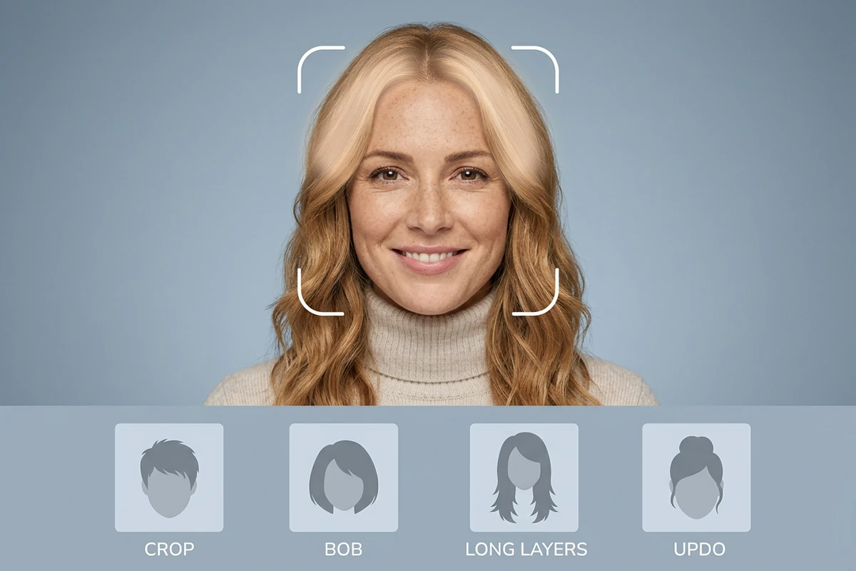 Woman with shoulder-length blonde hair and a highlighted hairline and face-framing strands, inside white bracket marks, above a strip of four haircut silhouette tiles.