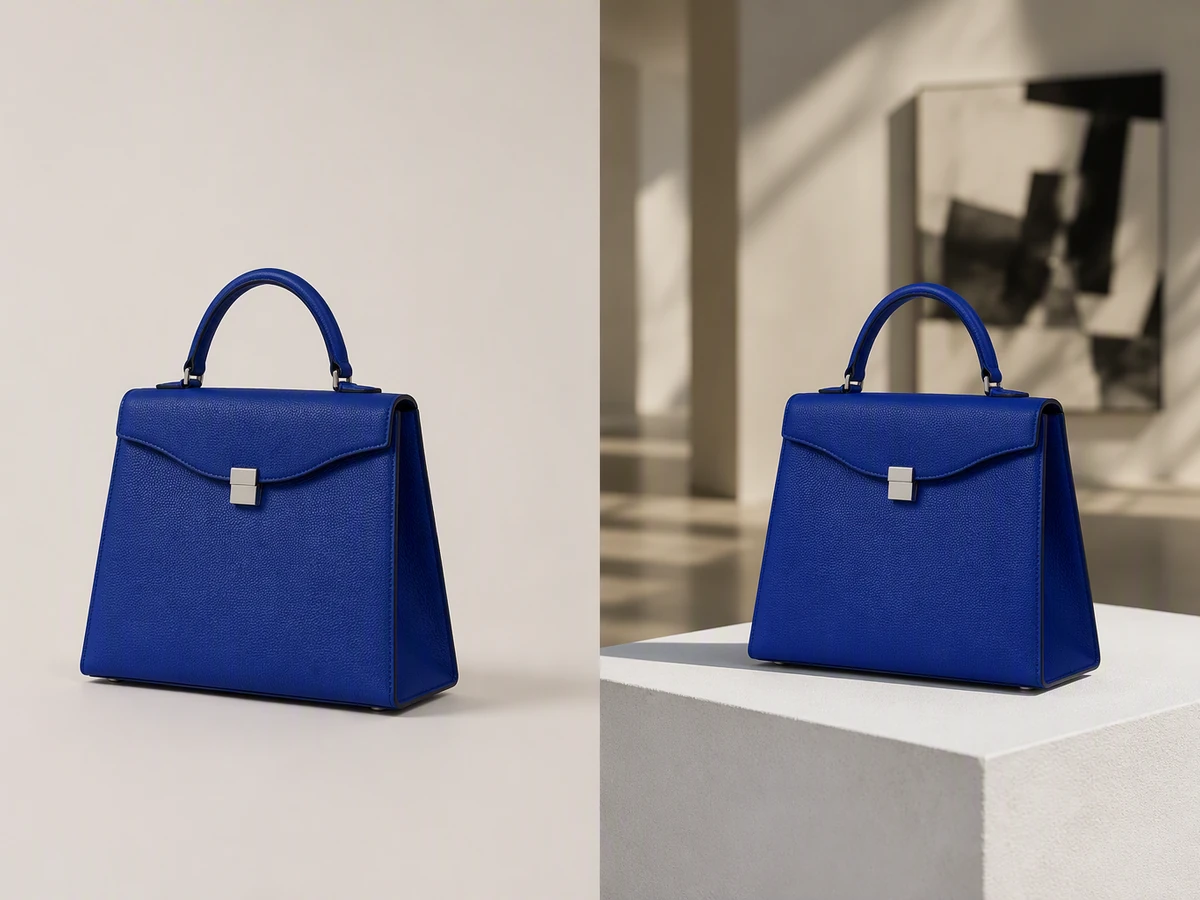 Structured cobalt handbag shown on a neutral plinth and in a modern gallery setting