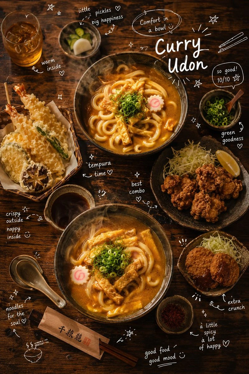 손글씨 설명을 곁들인 카레 우동
