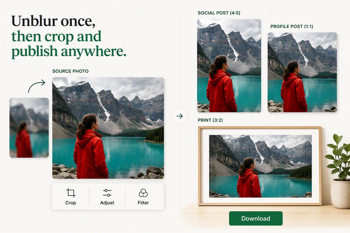 A restored alpine travel photo cropped into social, profile, and print-ready formats