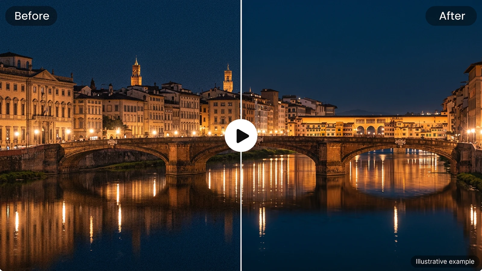 Illustrative night waterfront video frame with a grain-reduction split comparison.
