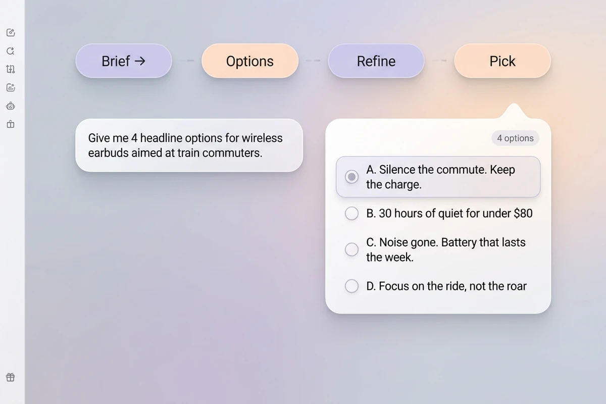 Brief–Options–Refine–Pick şeridi ve dört başlık varyantı listesi olan yumuşak çalışma alanı.
