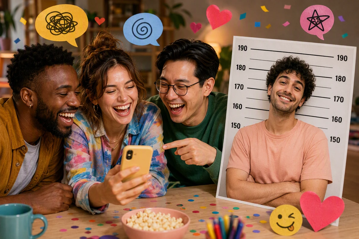 Three friends laugh over a phone beside a humorous portrait card with a numbered height-chart background.