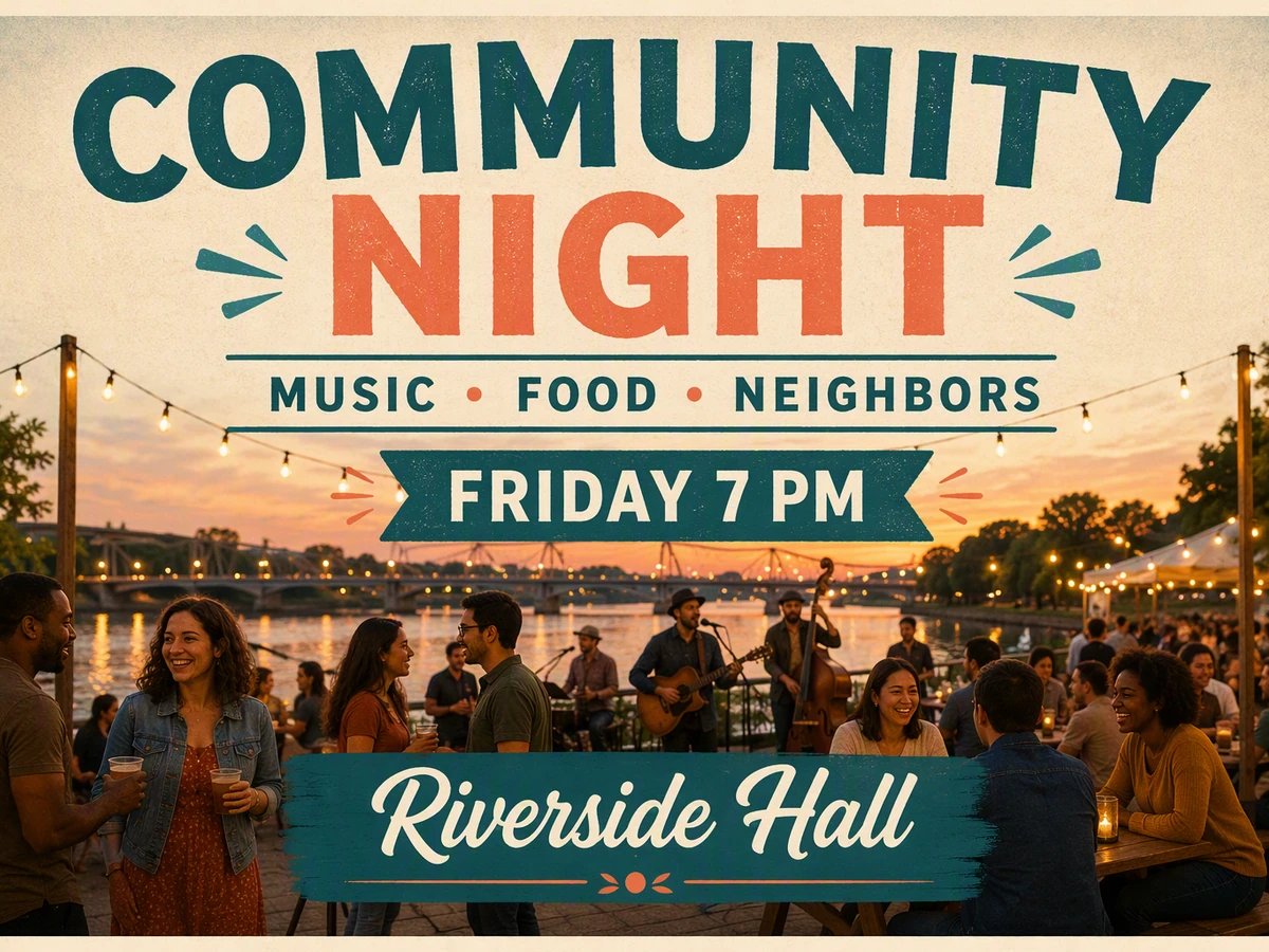 Community night event poster with the venue listed as Riverside Hall