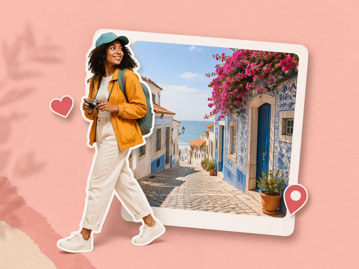 Traveler in a yellow jacket outlined in white over a social post featuring a Portuguese coastal street.