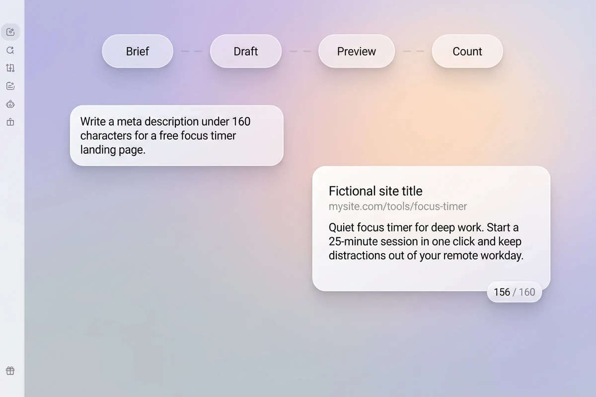 Soft workspace with Brief–Draft–Preview–Count beat strip and an unbranded SERP-style snippet near 156 of 160 characters.