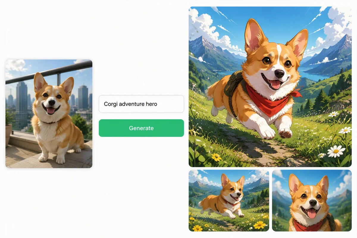 A corgi balcony photo transformed into a recognizable anime adventure hero