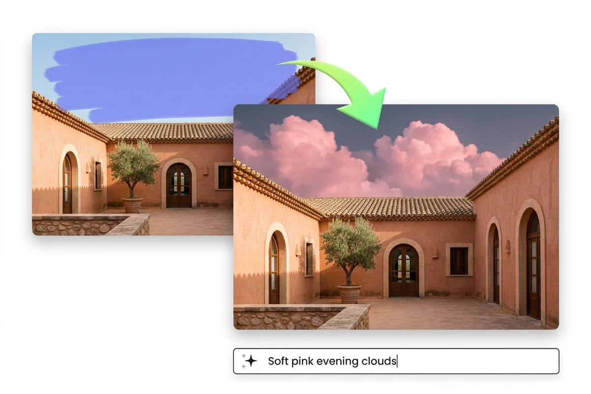A mask over the sky above a terracotta courtyard leads to the same courtyard beneath pink evening clouds.