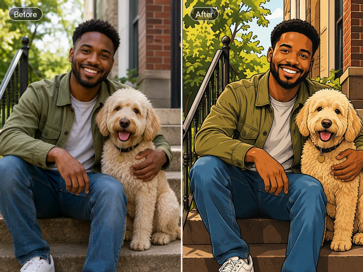 Before-and-after of a man sitting with his dog on front steps, photo left and graphic-novel illustration right.