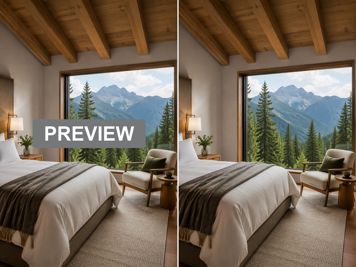 Before-and-after mountain guesthouse photo with a PREVIEW watermark removed.