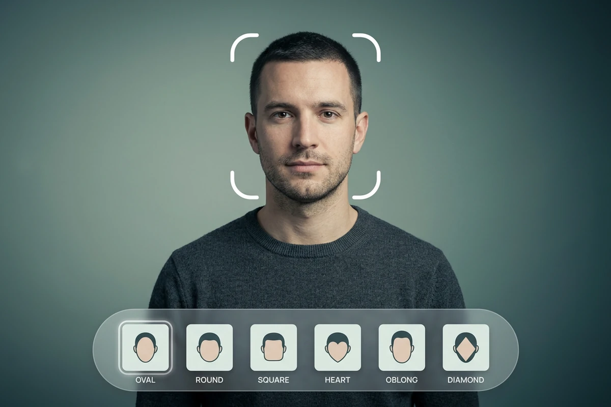 Man in his early thirties facing the camera inside white rounded detector brackets, above a translucent pill strip of six labelled face-shape tiles with the oval tile selected.