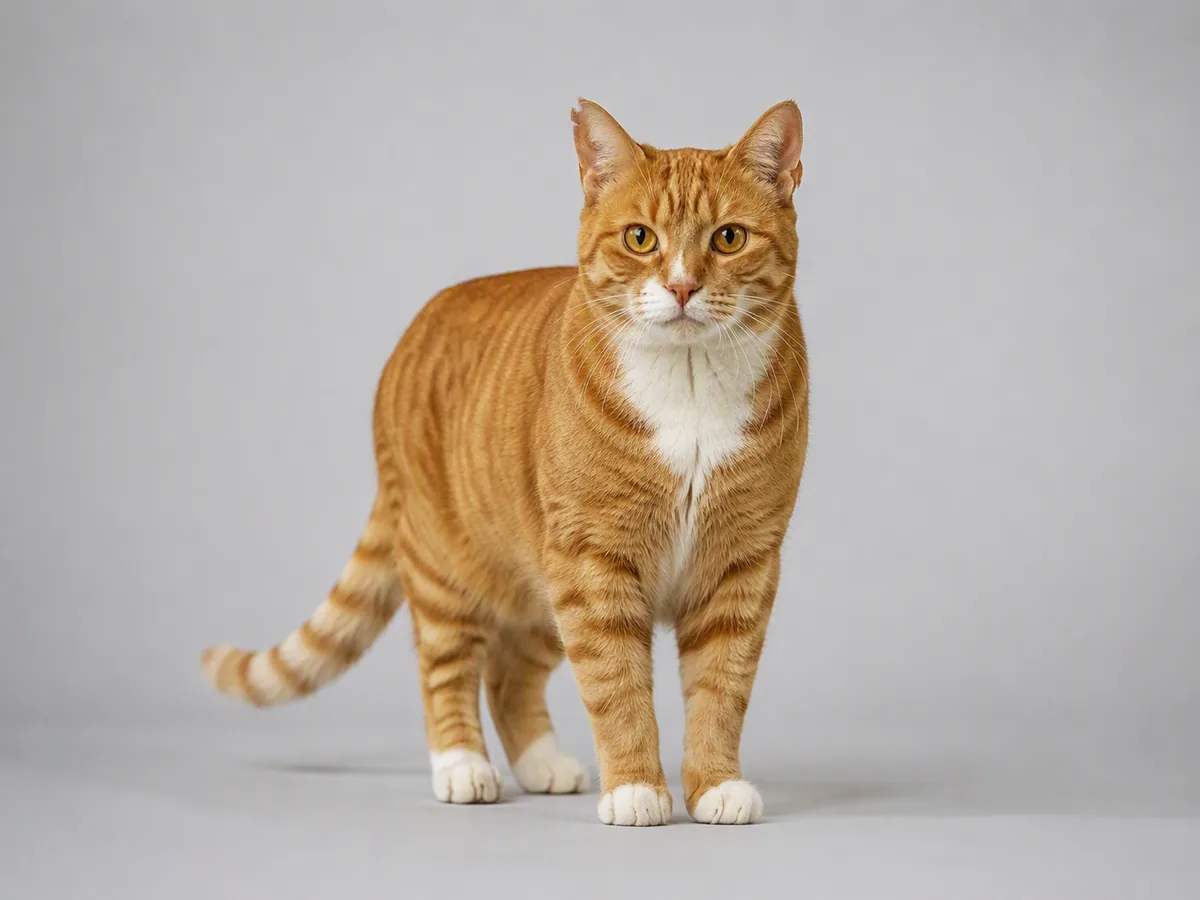 Full-body studio portrait of an orange-and-white tabby cat standing against a pale gray seamless background.