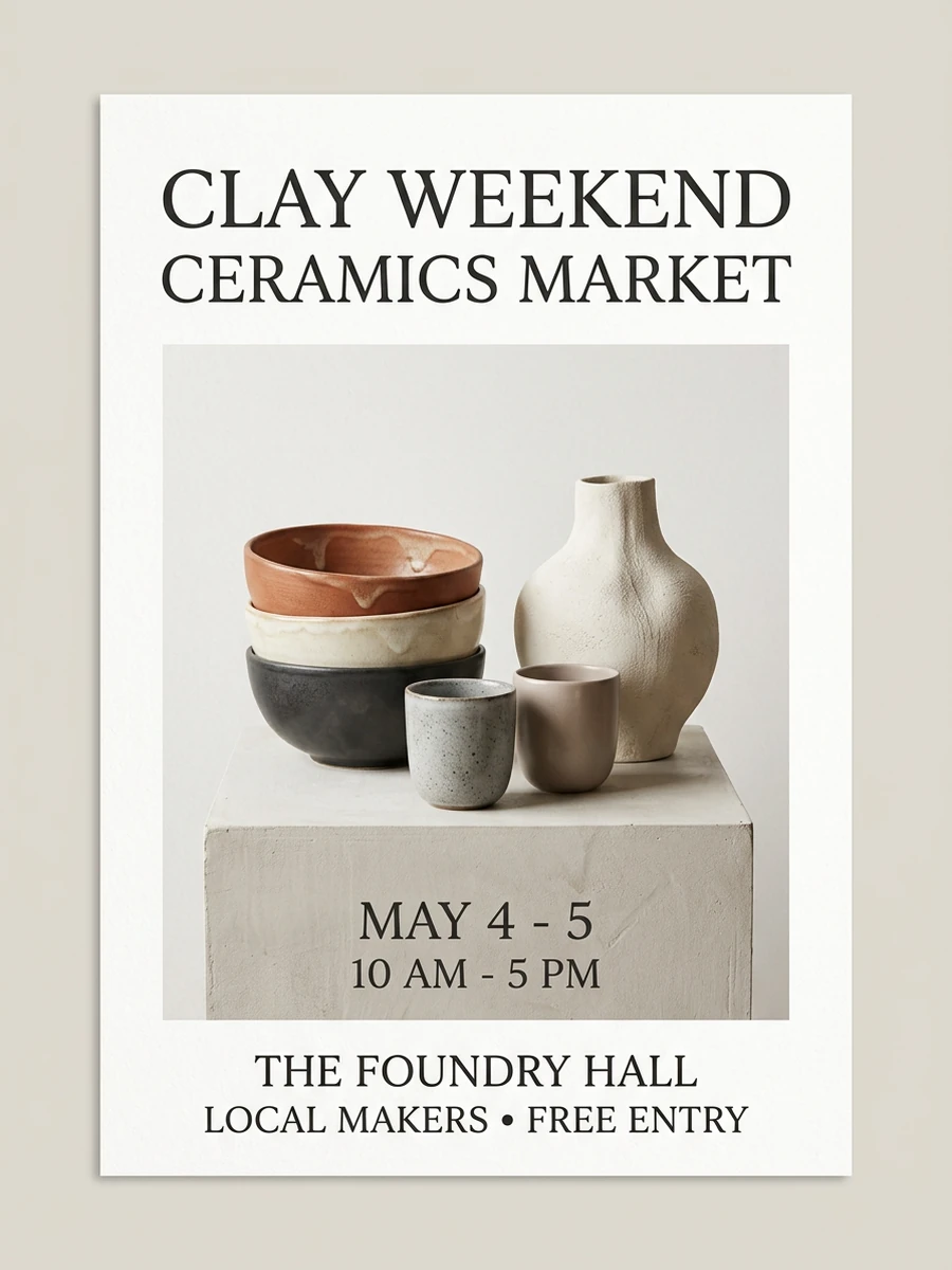 El yapımı kaseler, fincanlar ve heykelsi bir vazo bulunan sıcak nötr tonlarda Clay Weekend seramik pazarı el ilanı.