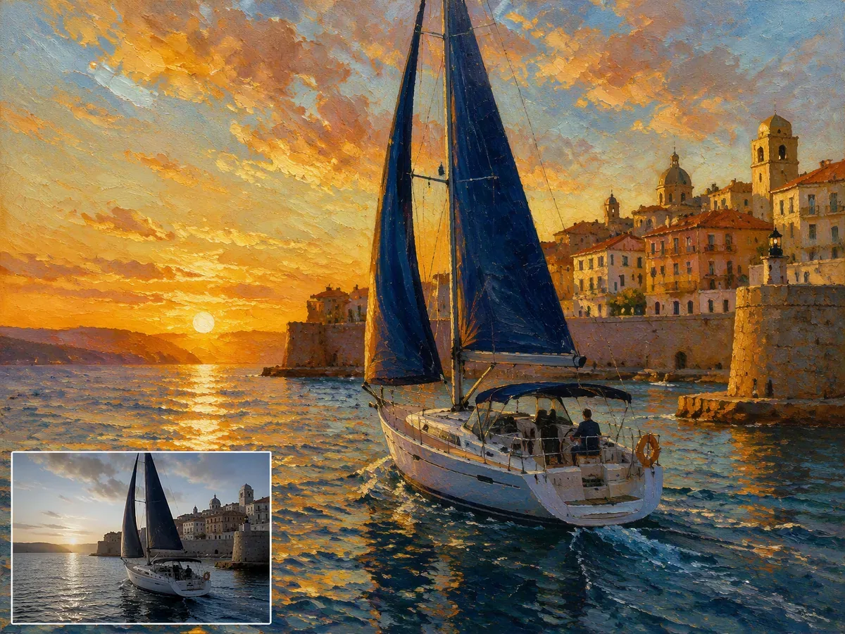Before-and-after photo-to-oil-painting comparison of a sailboat entering a Mediterranean harbor at sunset, with the original photo inset at bottom left.