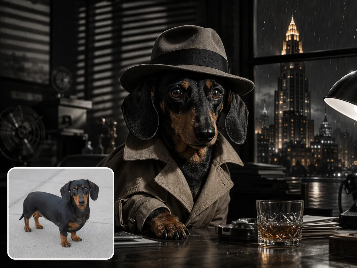 Before-and-after portrait of a black-and-tan dachshund as a 1940s noir detective, with the sidewalk photo inset.