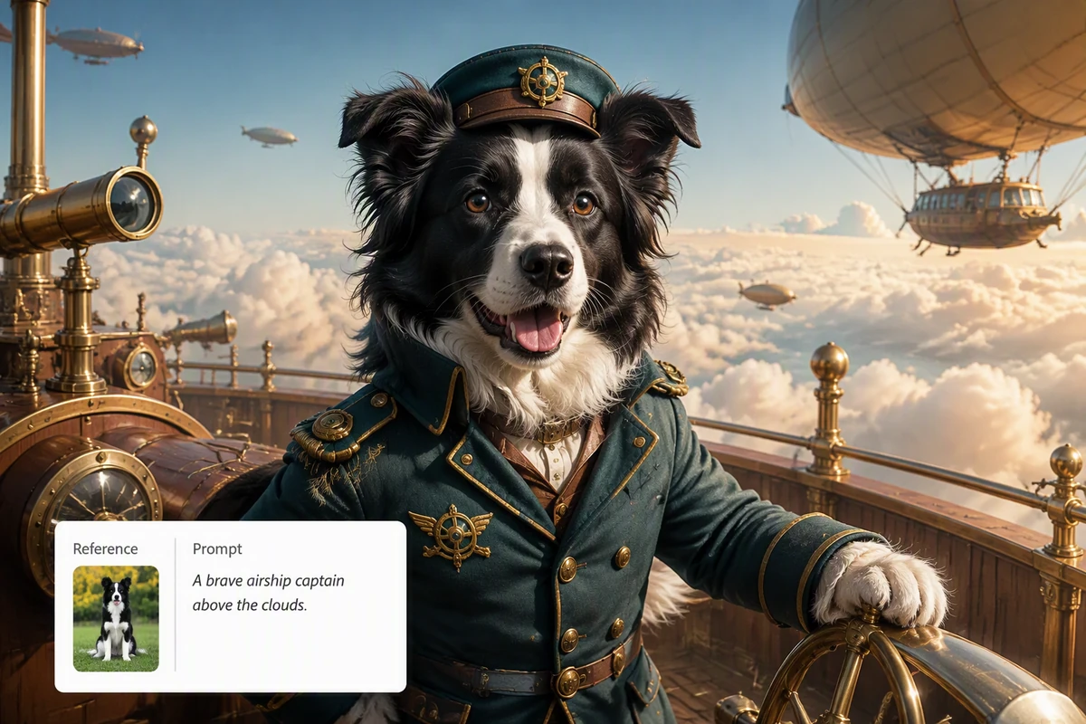 A border collie transformed from a simple reference photo into a cinematic airship captain portrait